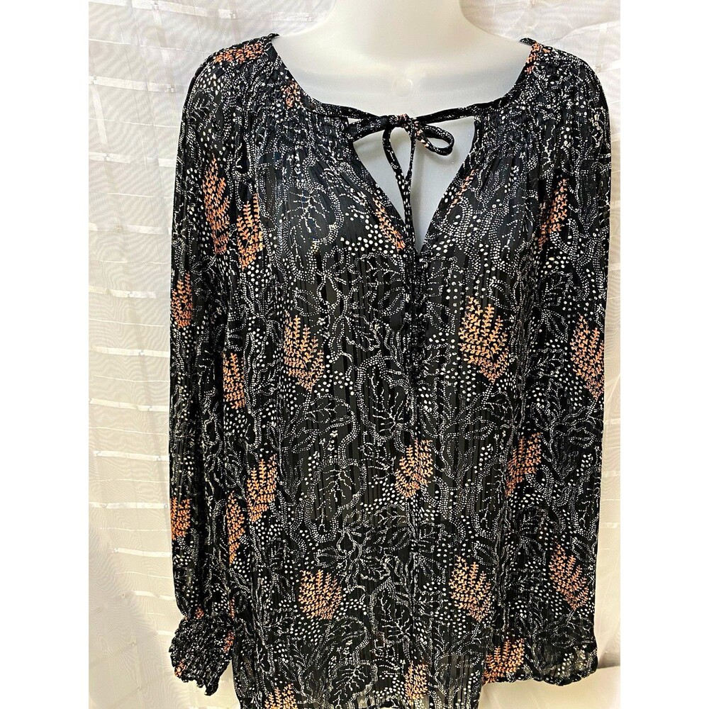 Ophelia Roe Women’s Plus 3X Black Floral Sheer Chiffon V‑Neck Long Sleeve Blouse